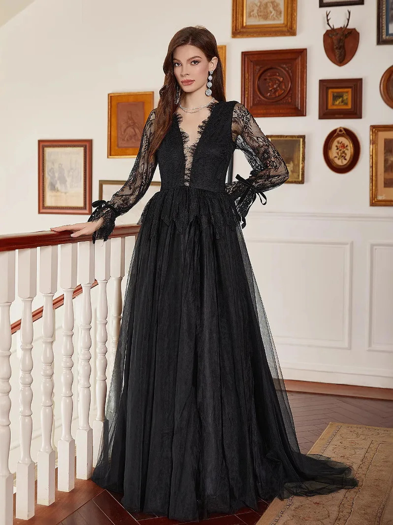 

Ele Long Sve Bla Lace Dr Роскошное вечернее платье с V-образным вырезом из полиэфирного волокна с высокой талией Бальное платье для свадьбы и свидания