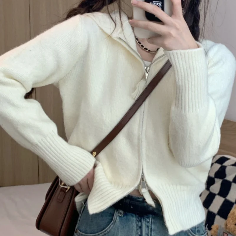 Autumn Winter Minimalist Style Sweater Zipper Positive Shoulder Hooded Knit Cardigan Women Fall Short Top Coat Jacket