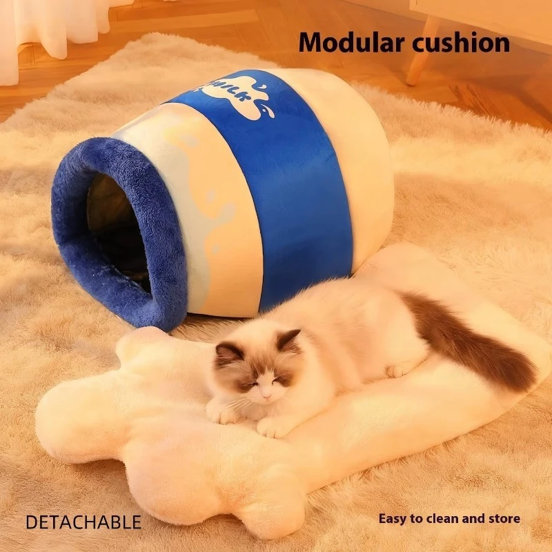 Milk Can Shaped Semi-Closed Pet Nest | Autumn Winter Warm Comfort Bed for Cats & Dogs with Security Protection