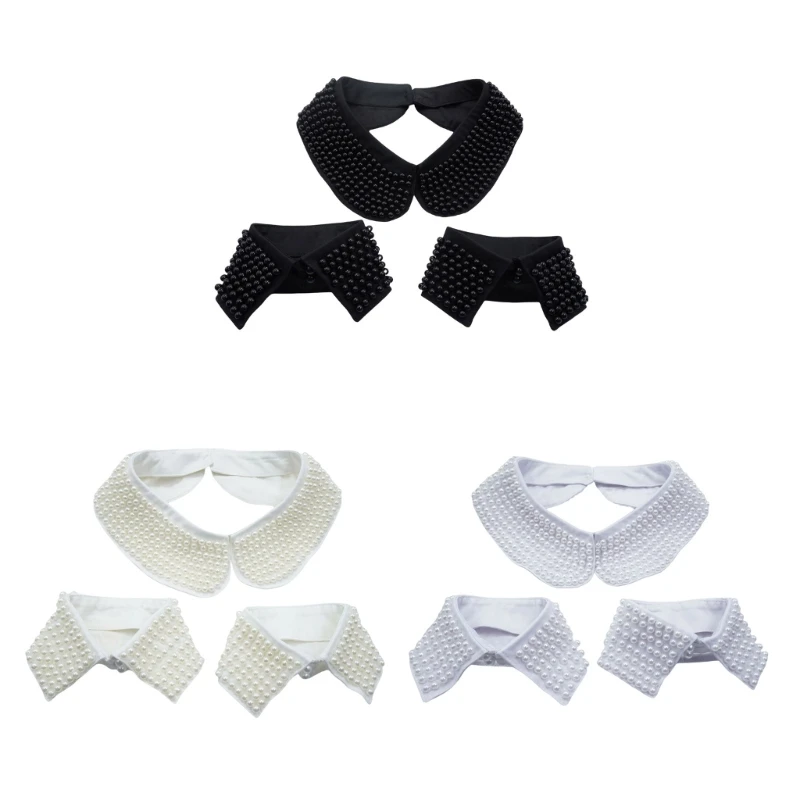 Multipurpose 3Pieces Set Pearls Embellished False Collar for Casual Formal Wear