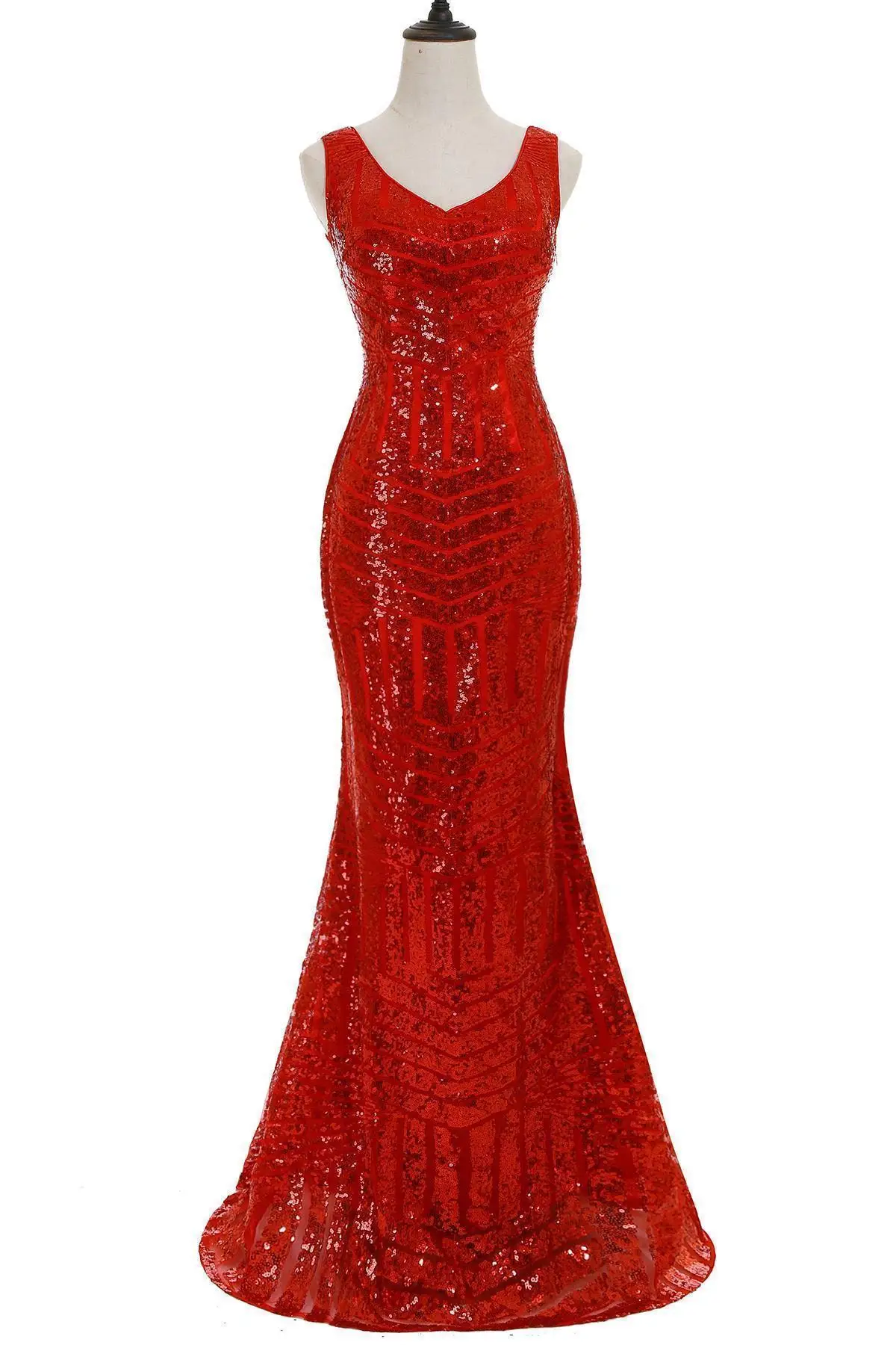 

Real Photos Charning Red Sequin Mermaid Evening Dresses Women's Long V-Neck Formal Prom Party Gala Gowns CPS371