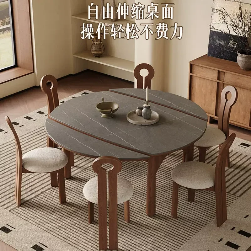 Medieval Rock Slab Retractable Dining Table Variable Round Square Dual Purpose Solid Wood Walnut Color for Small Apartment