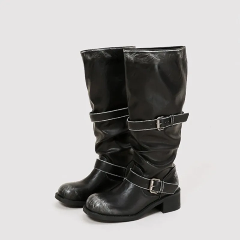 

Retro Womens Shoes Handmade Platform Slouchy Boots for Woman Fashion Round Head Mid Calf Boots Luxury Designer Shoes Botas Mujer