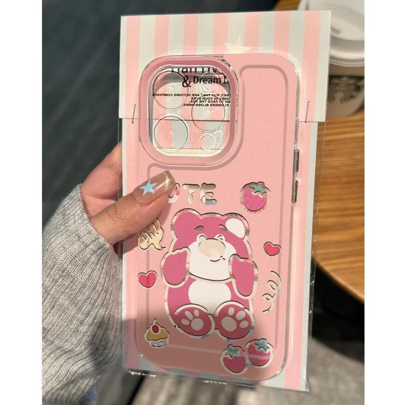 Funda de Dibujos Animados con Diseño de Lotso y Winnie the Pooh con Fresas para iPhone 11 12 13 14 15 16 17 Pro Max Plus Air, Funda Antigolpes para Parejas