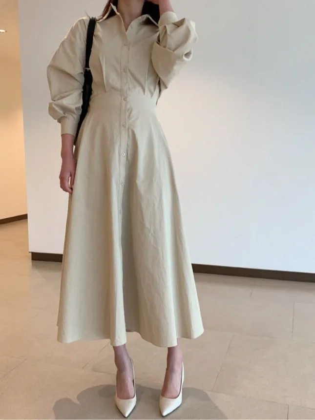 Elegant Shirt-Style Long Dress Women's Slim Fit Lantern Sleeve Pleated Waist Cinched Single Button Flip Collar Dress