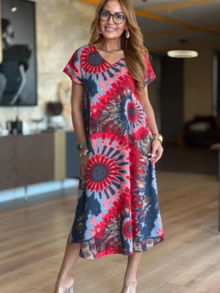 فستان نسائي صيفي بنمط عرقي أنيق بأكمام قصيرة مطبوع أنيق فستان فضفاض غير رسمي فساتين حفلات المكتب والعطلات