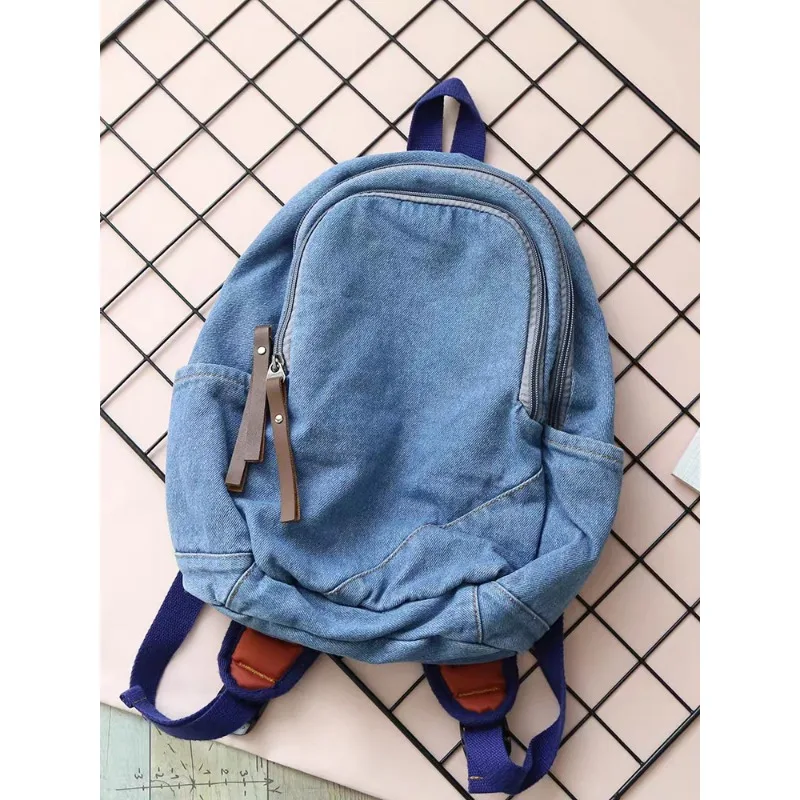 

Retro Sense Denim Backpack Female New Style Fashion Simple Solid Color Fallow Satchel Unisex