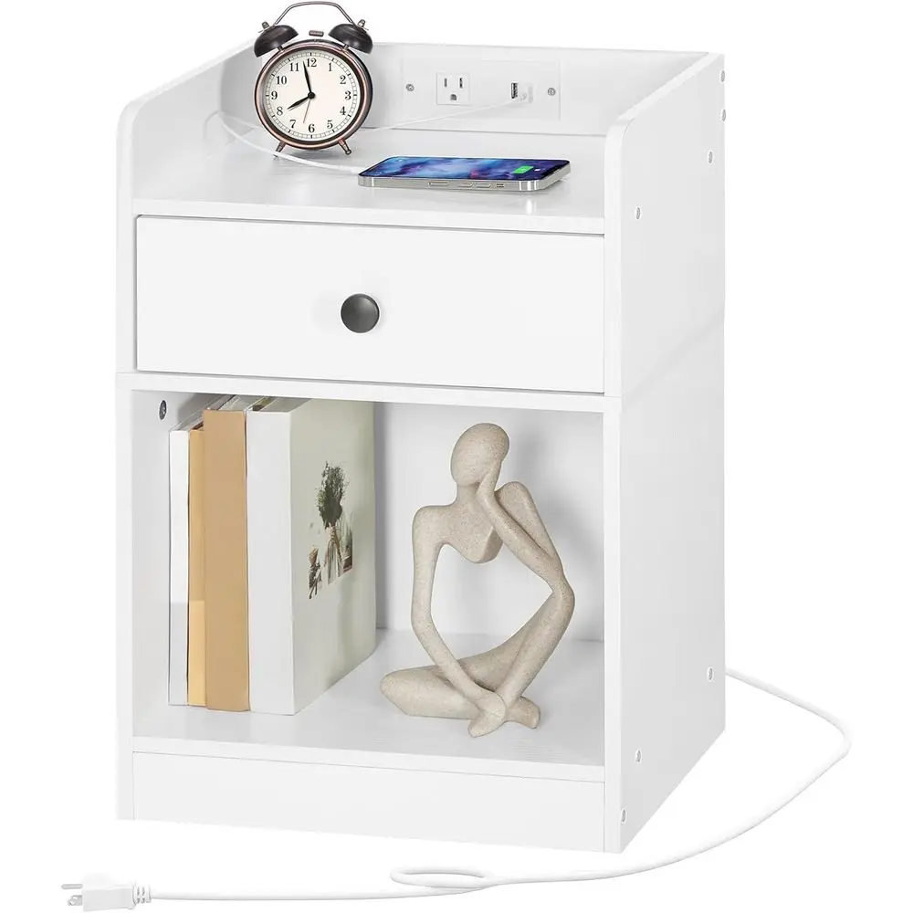 

Modern White Nightstand with Built-in USB Charging Ports and Outlets, Sleek End Table with Drawer and Storage Shelf for Bedroom