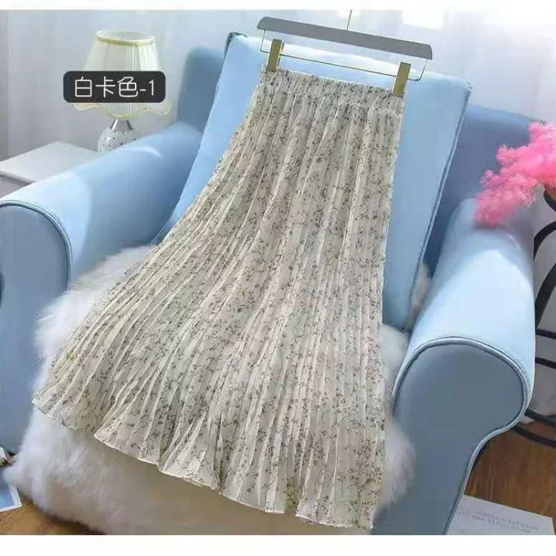 

Korean Version Floral Half Length Skirt for Women's Summer High Waisted A-line Chiffon Pleated Skirt 2025 New Spring/Summer ERWR