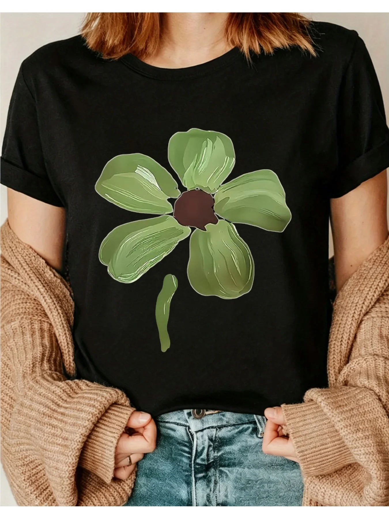 Oil Painting Effect Floral Print European and American Style Long-Sleeve T-Shirt, Skin-Covering Round Neck Top, Versatile Casual Wowomens Women's Clothing, Spring and Autumn Style 01, Round Neck Short-Sleeve Top, Suitable for All Seasons, Casual and Versatile