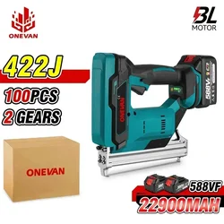 ONEVAN 2Gears 422J Brushless Cordless Electric Nailer Stapler Furniture Staple Gun Woodworking Tools For Makita 18v Battery