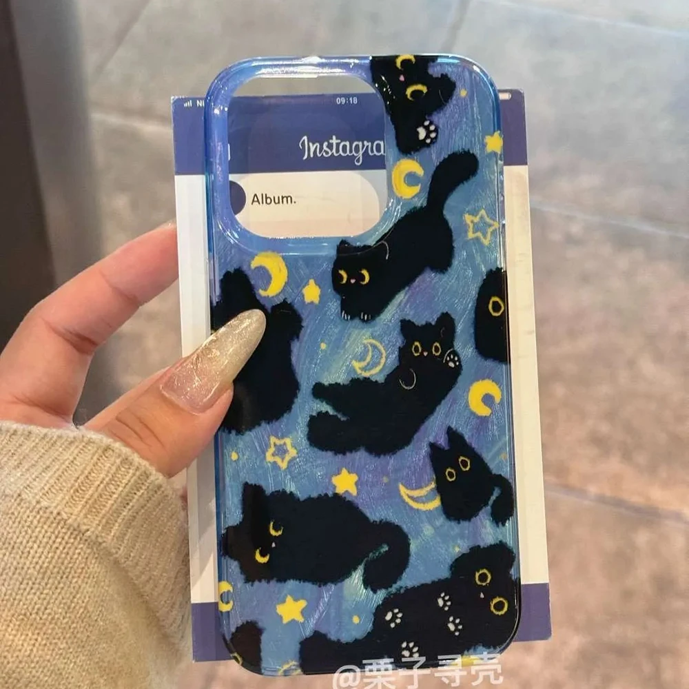 Cute cartoon starry sky black cat Phone Case for Samsung Galaxy A56 A36 A26 A73 A72 A55 A54 A53 A52 A34 A33 A32 A23 4G 5G Cover