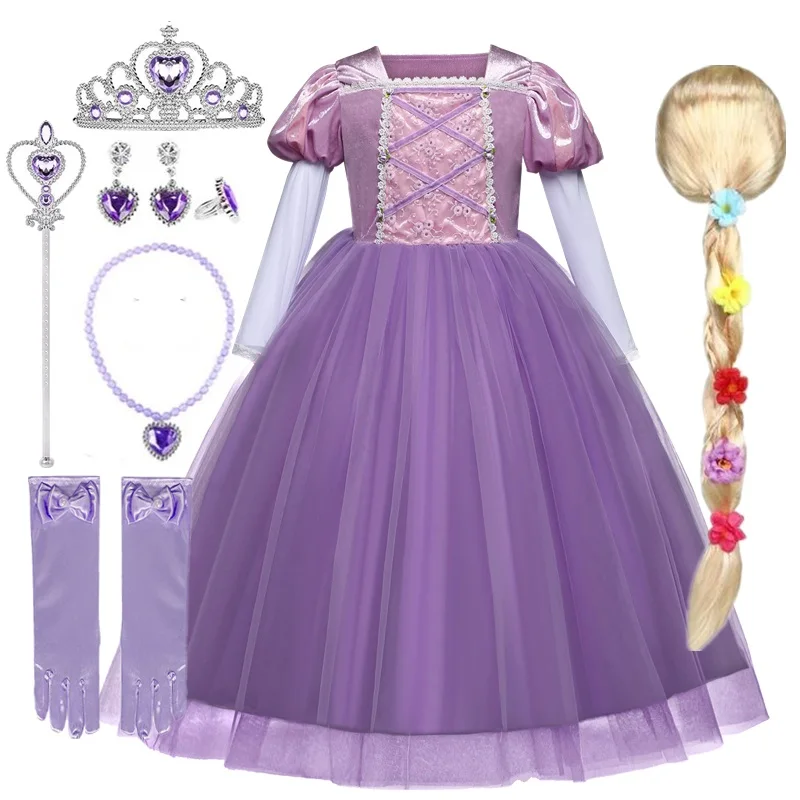 Girls Elegant Dress Kids Rapunzel Costume Children Halloween Birthday Tangled Clothes Girls Carnival Party Lace Princess Dress