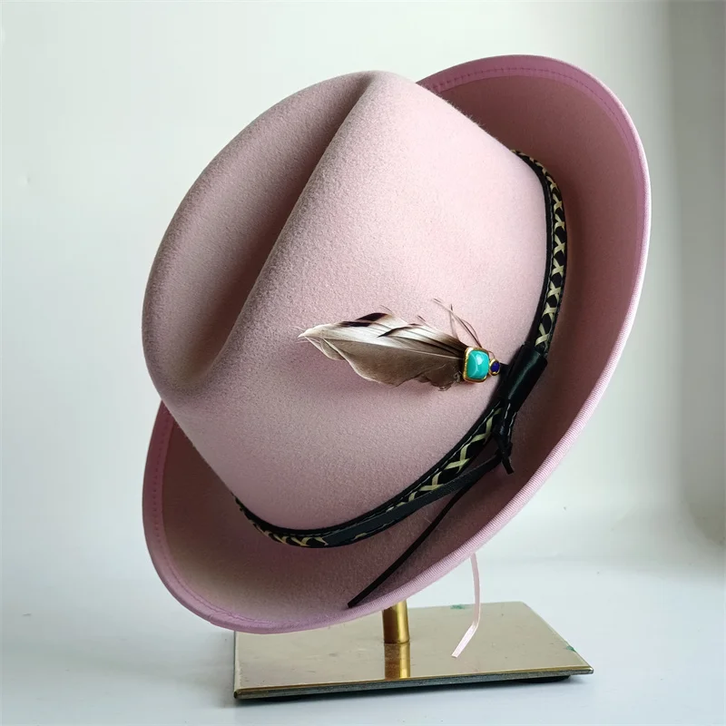 Fedora hat Gem adorned hamburger hat with feathers women's Panama new felt hat men's jazz hat party stage performance