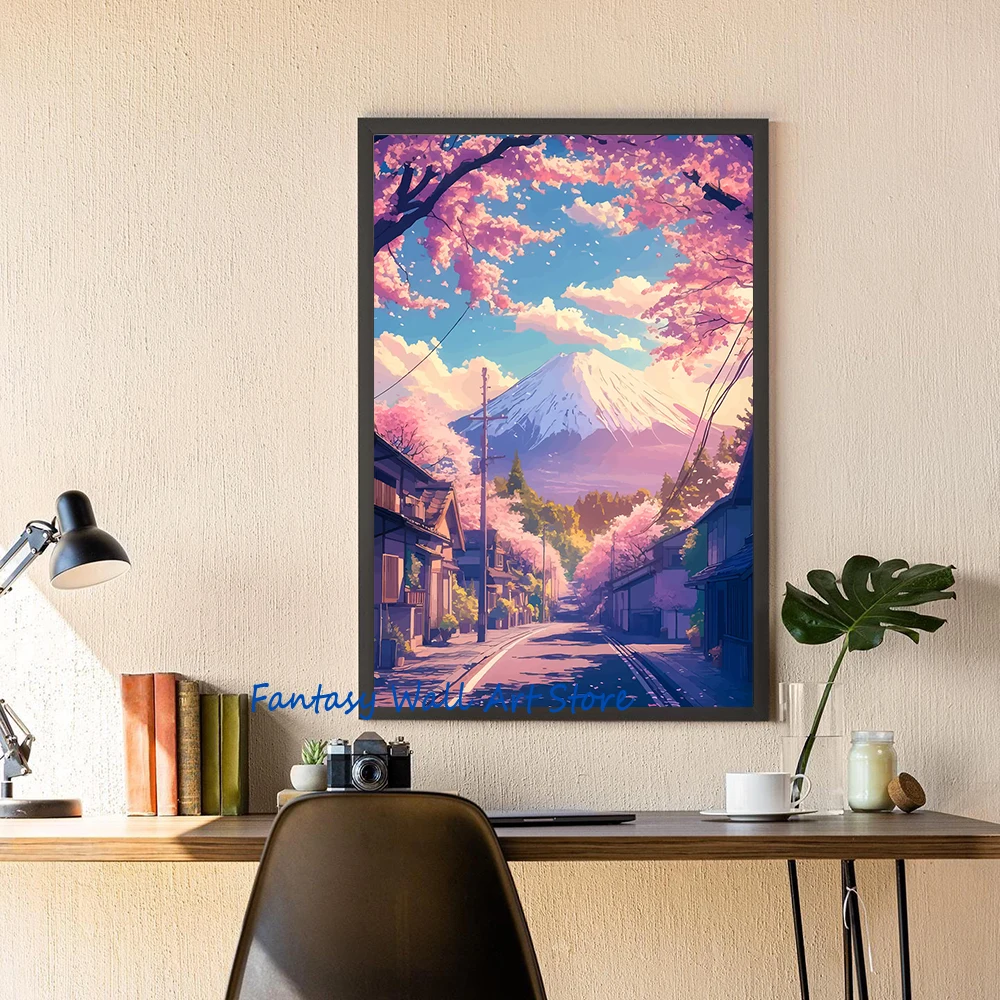 Japanese Street Landscape Anime Style Illustration Poster Canvas Prints Night Mountain Hut Wall Art Decor Living Room Home Decor