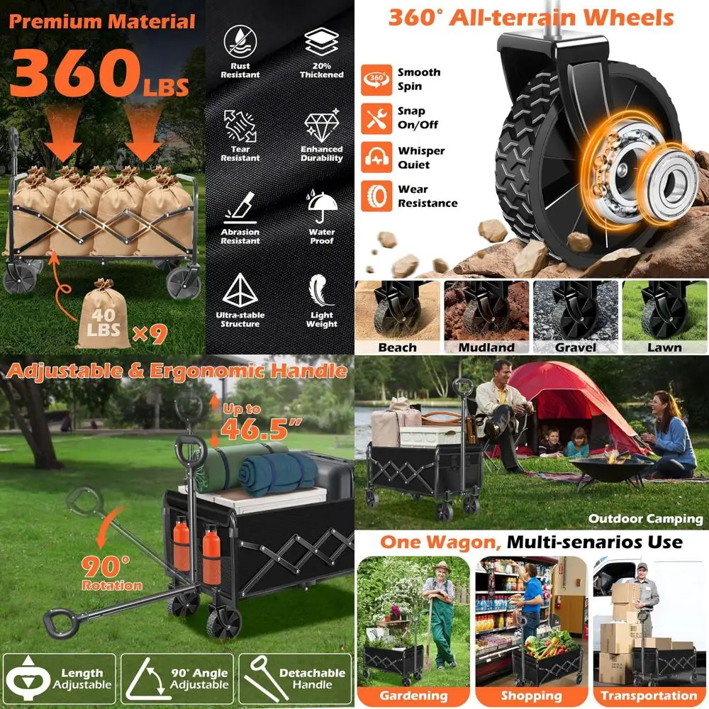 

Folding Utility Wagon with 360 lbs Capacity, 2 Cup Holders, Lightweight and Portable for Outdoor Activities