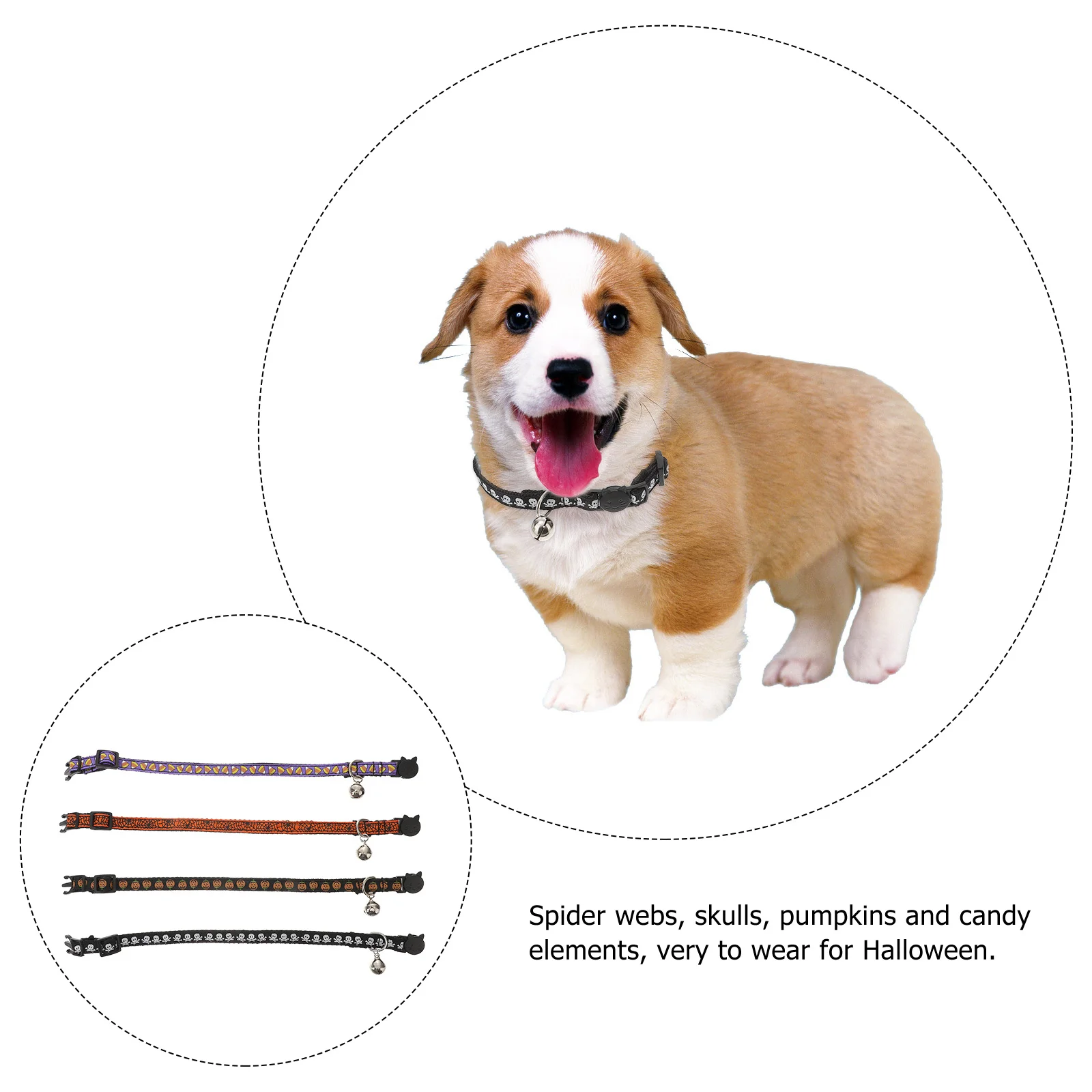 

4Pcs Pet Collar Halloween for Cat Puppy Adjustable Elastic Neck Chain Bell Spider Web Pumpkin Skull Necklace