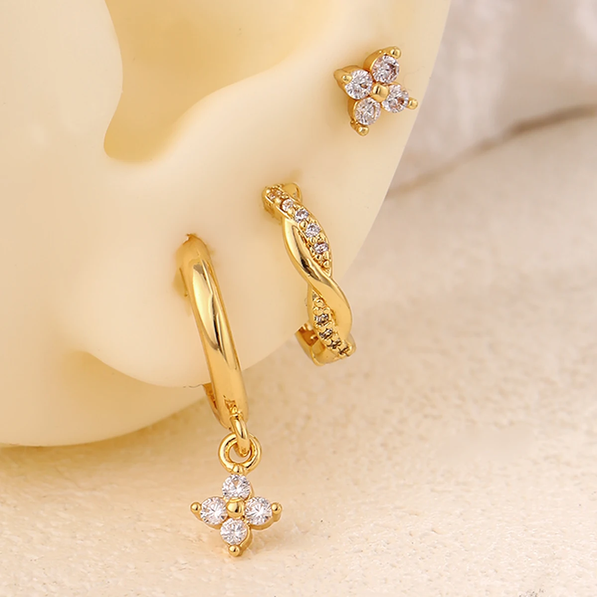 3 Pcs Flower Dangle Hoop Stud Stackable Earrings Set For Women Gold Plated Dainty Lightweight Small Circle Hoop Earrings Jewelry
