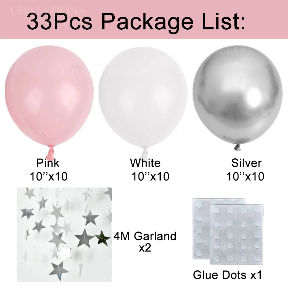 33pcs White Pink Balloons with Silver Star Hanging Garland Stars Hanging Tail Balloon for Birthday Baby Shower Party Decor Favor