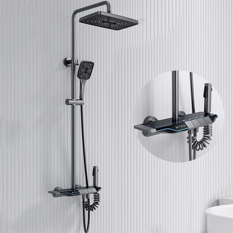 

System Piano Key Ambient Light Full Copper Thermostat Digital Display Shower Set Gunmetal Gray Modern Showers Faucet