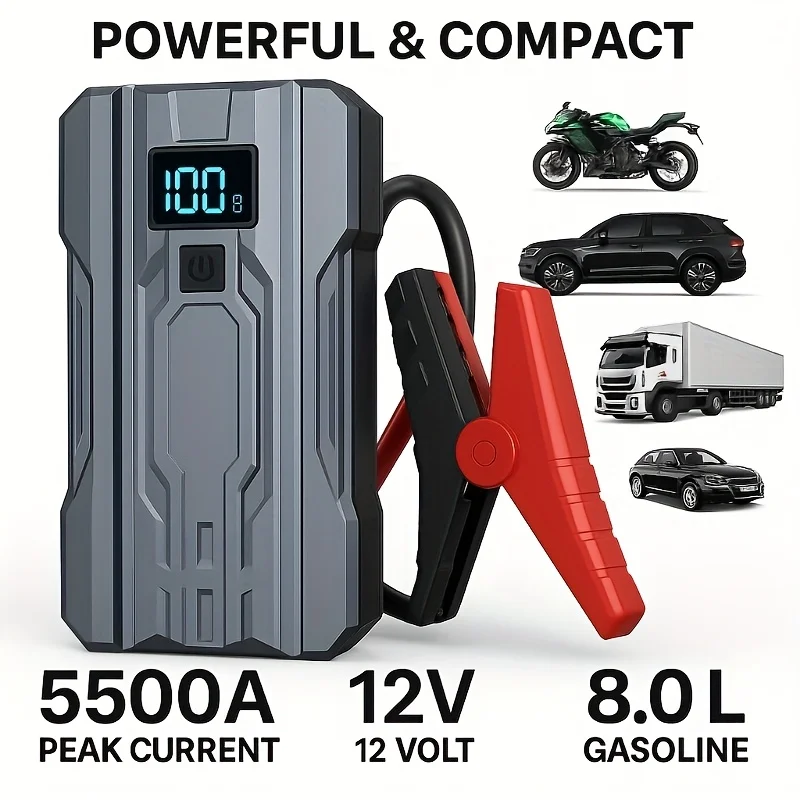 

5500A Portable 12V Car Jump Starter Compatible for & Diesel Engines (2.11/1.59gal Diesel) with Fast Charging, Emergency Battery