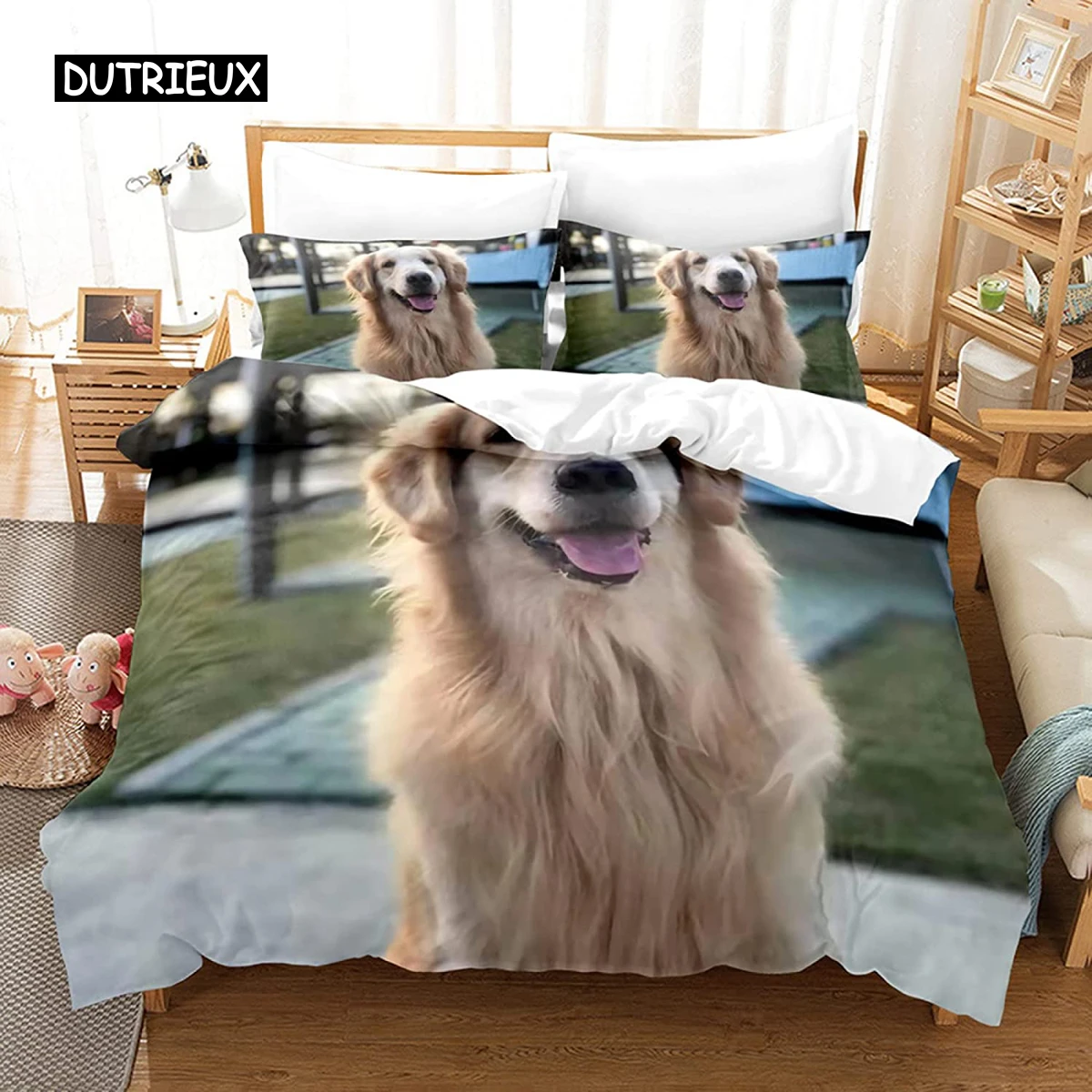 

Golden Retriever Duvet Cover Set Boys Pet Pattern Comforter Cover Twin Size Print Bedding Set Microfiber Animal Dogs Quilt Cover