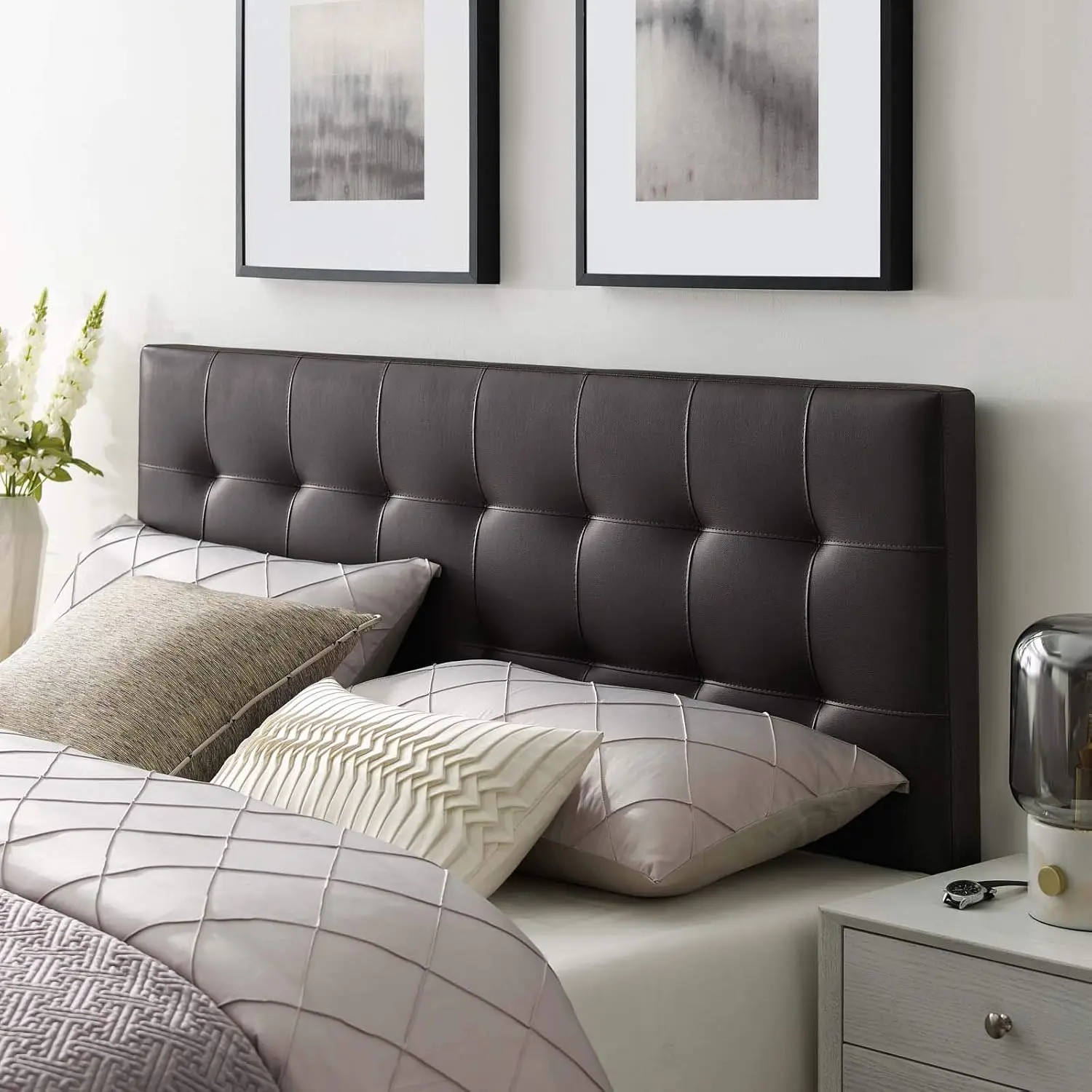 Lily Tufted Faux Leather Upholstered Queen Headboard in Brown