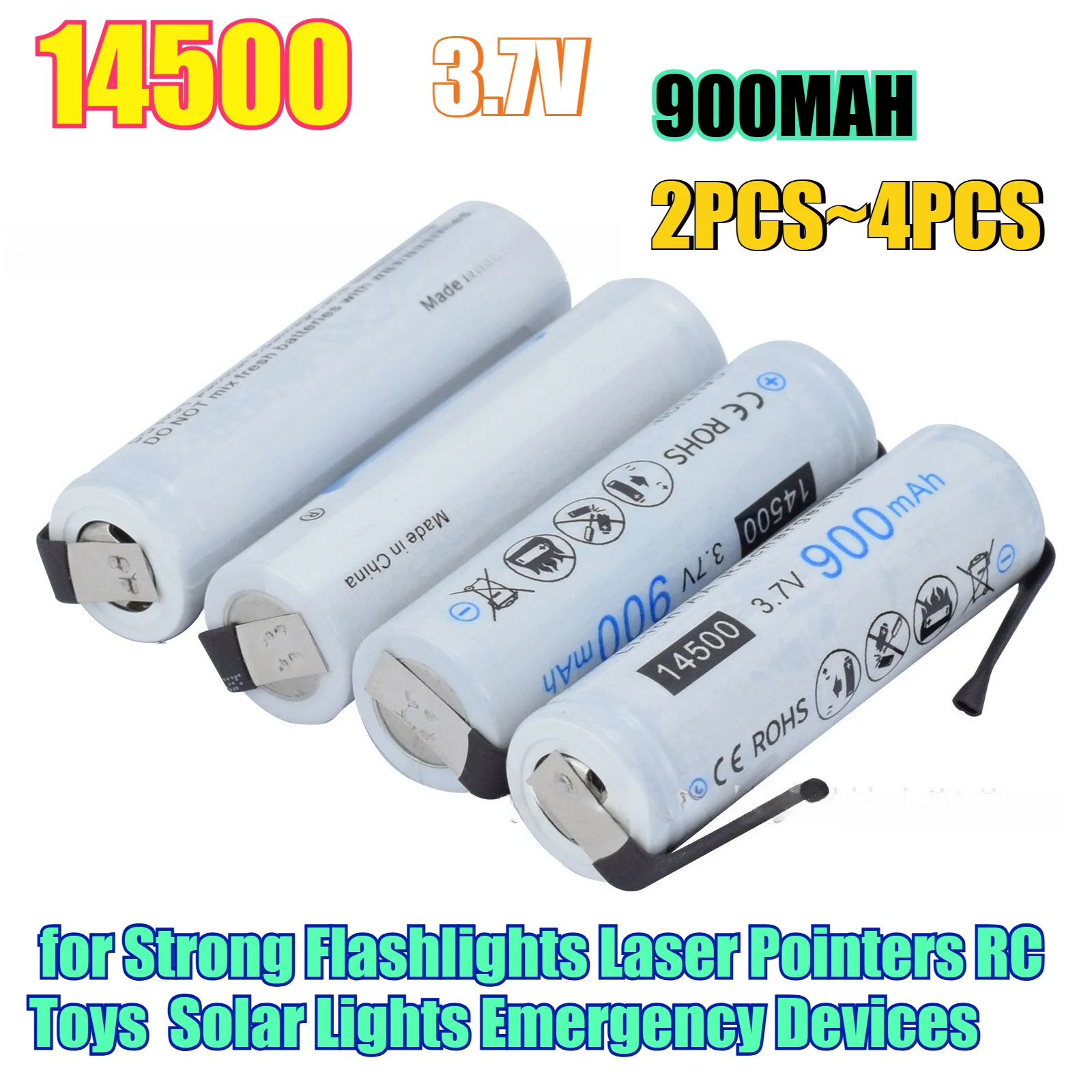 900mAh 14500 Lithium Battery 3.7V Rechargeable with Soldering Tabs AA Size Li-ion Battery for Strong Flashlights Laser Pointers