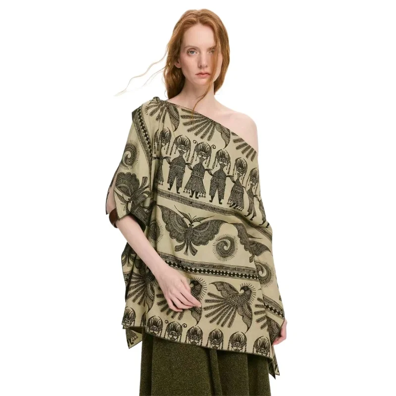 2026 Summer New Style Fashionable Square Scarf Off The Shoulder T-shirt Double-sided Printed Stir Fried Irregular Top for Women