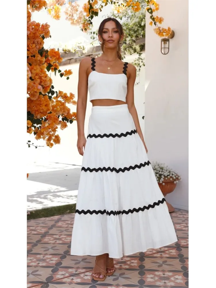 2024 Summer New Solid Color Skirt Two Piece Set Women Cropped Wave Camisole A-line Skirts Sets Fashion Trendy Streetwear Female