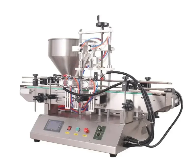 Automatic 2 Head Pneumatic Meat Paste Rotor Pump Chocolate Paste Filling Machine With Conveyor