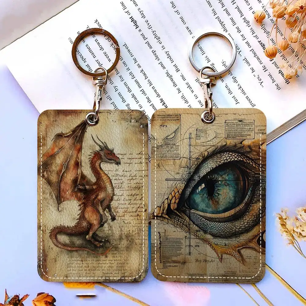 Middle Ages Dragon Atlas Retro 1Pc PU Leather Card Holder Keychain Key Ring Door Lock Access Tags ID Card Case Keychain Card