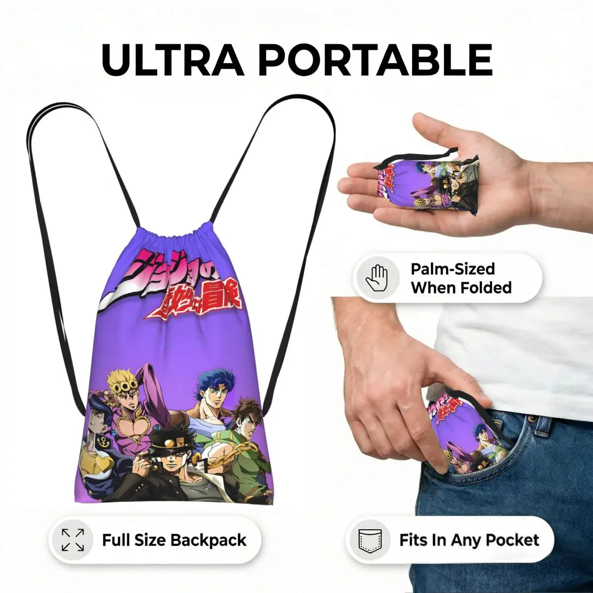 Jojo Bizarre Adventure Anime Cartoon Drawstring Backpack Sports Gym Bag Portable Travel Drawstring Bag for Men Women