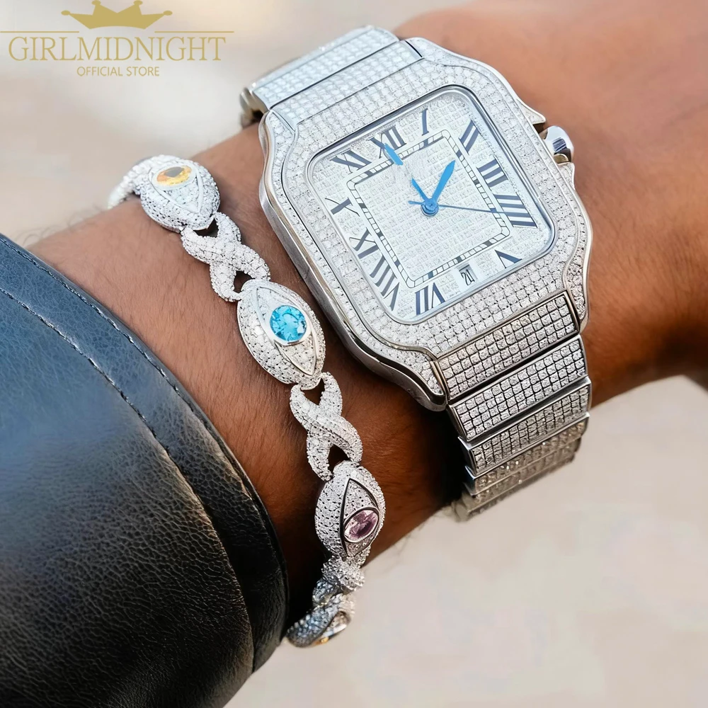 Iced Out Infinity Link Eye Charm Bracelet for Men Women Silver Color Pink Blue Cubic Zirconia Cuban Chain Bangle Hip Hop Jewelry
