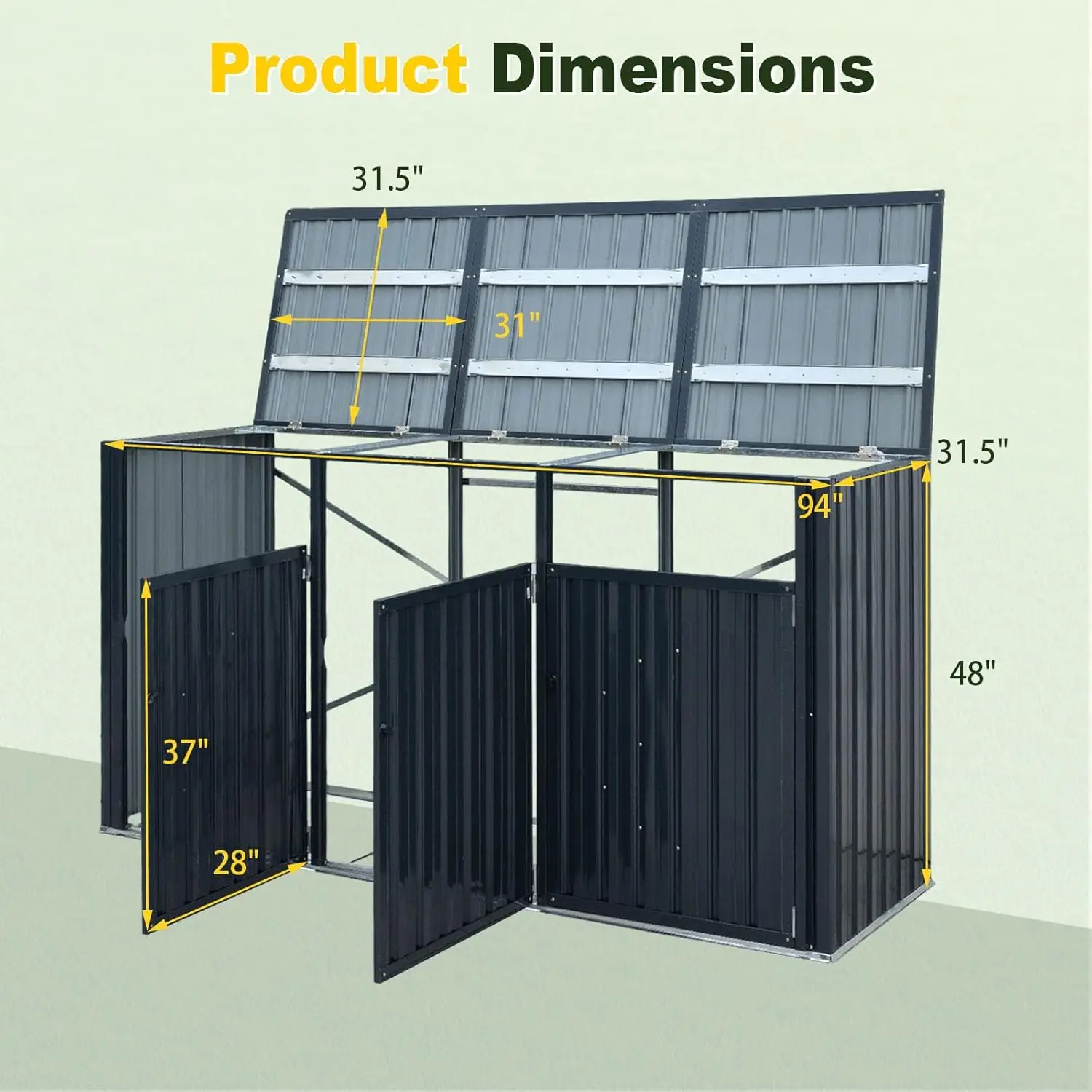 #7.8x2.6ft 3-Bin Metal Trash Shed Flip Lids Lock Door Galvanized Outdoor Garbage Storage Garden Patio Yard, Customized