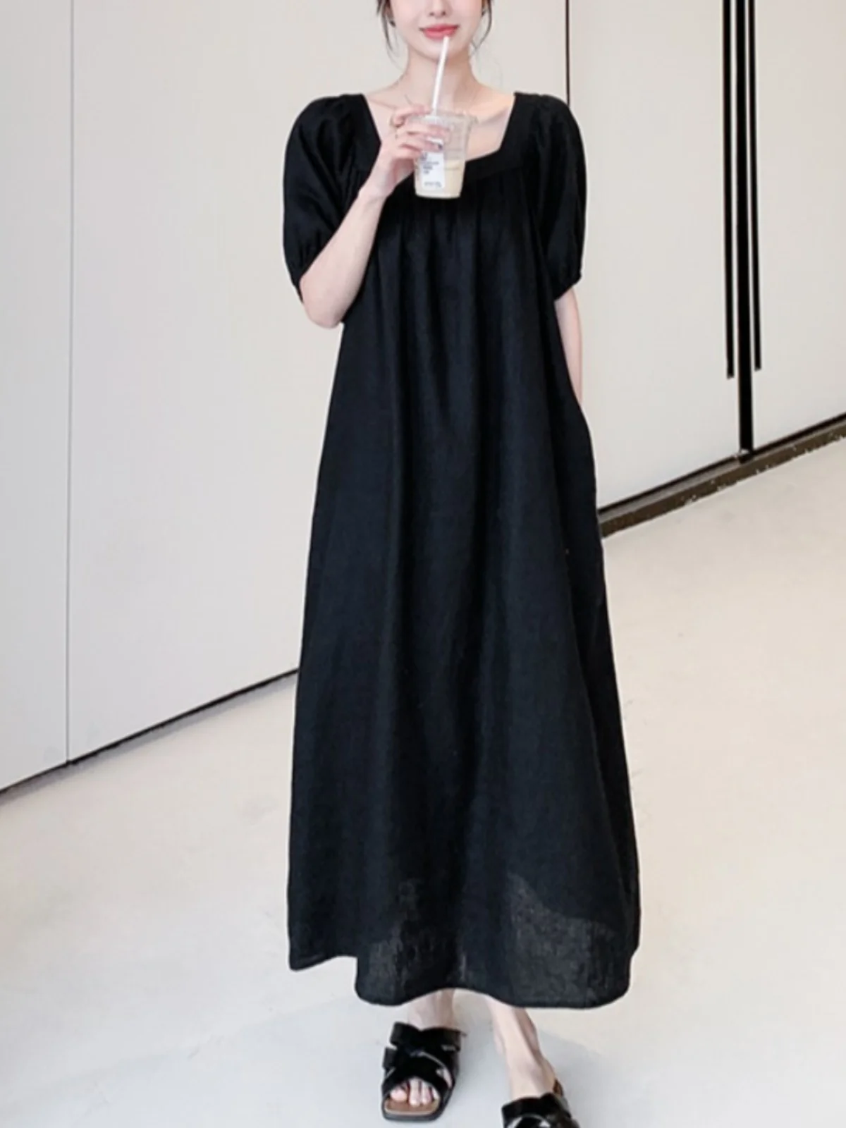 

Plus Size plus Size A-Line Dr T-irt Long Summer Korean Loose ket Casual Skirt Polyester Cotton Bubble Sve Square Collar