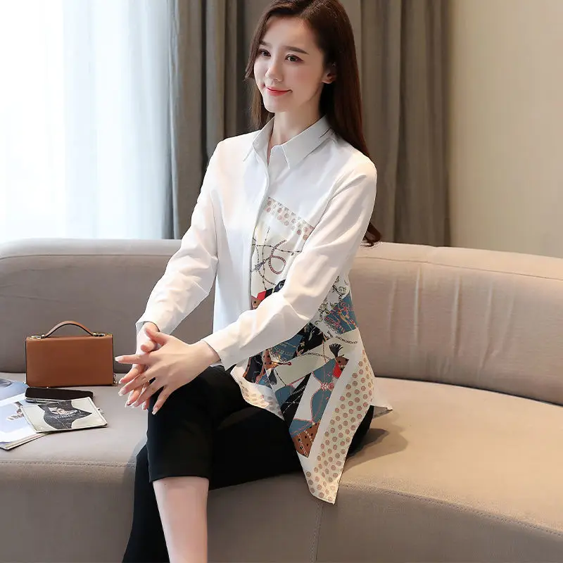 Womens Stylish Vintage Asymmetrical Design Shirt Elegant Chic Office Lady Commute Blouse Casual Print Patchwork Long Sleeve Tops