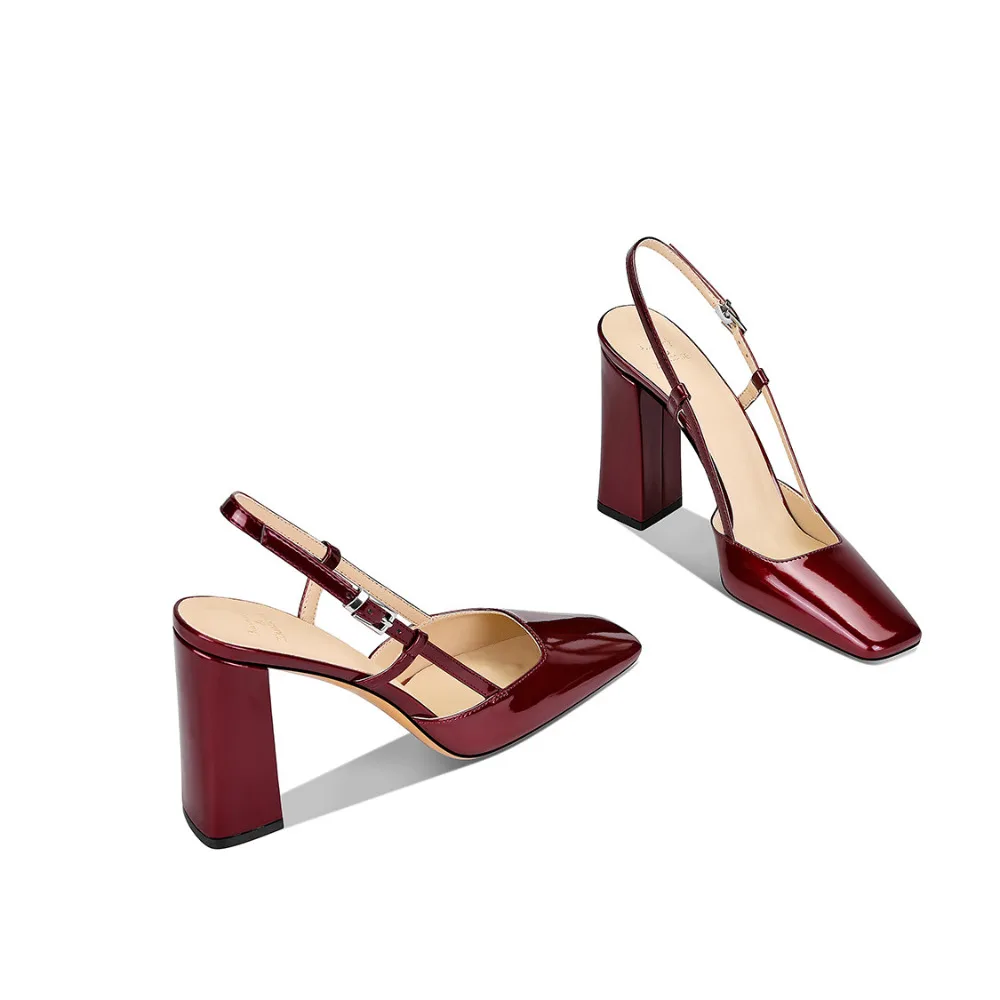 2026 Spring New French Sexy Wine Red Square Toe Block Heel High Heel Sandals for Women
