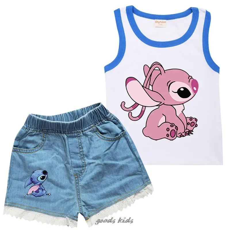 Hot Cotton Toddler Girls Clothes Lilo And Stitch Top abbigliamento estivo per bambini maglietta senza maniche + pantaloncini di Jeans 2 pezzi tuta