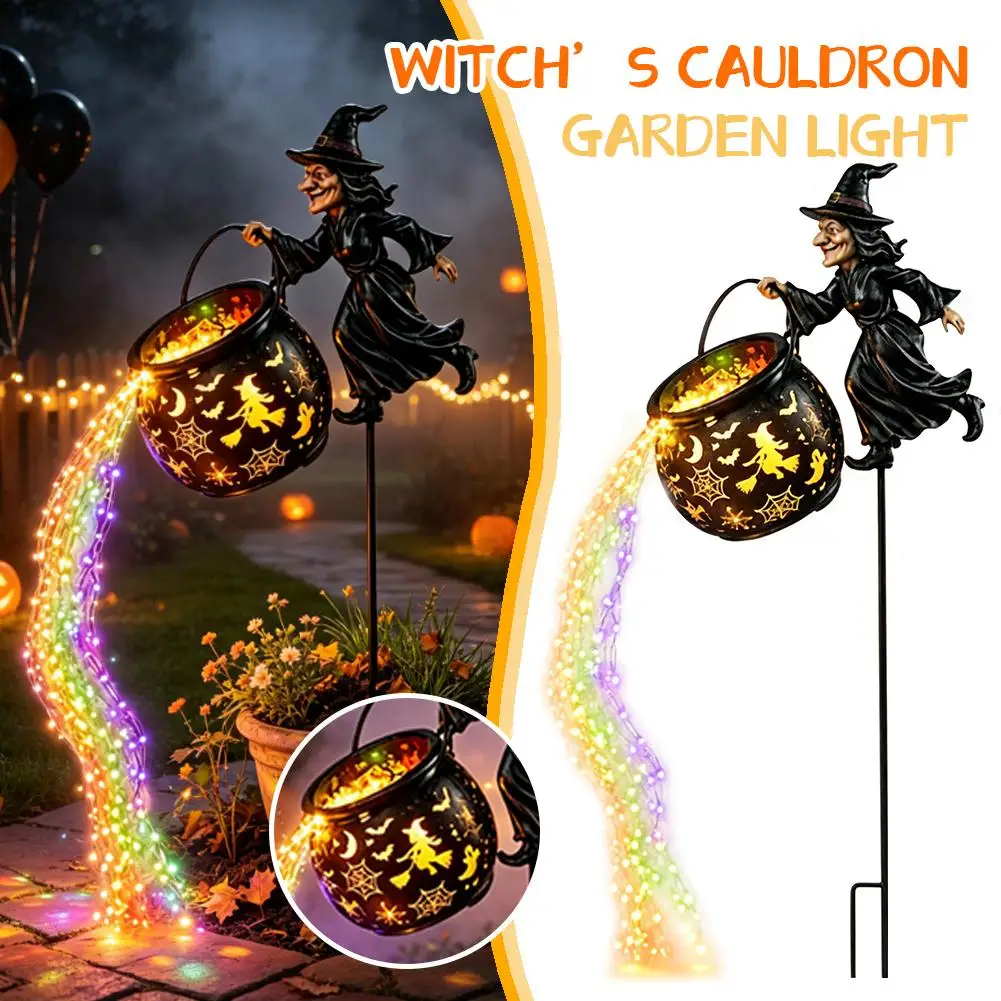 Halloween Witch Cauldron Garden Stake Light Weather‑Resistant Iron Outdoor Decor Lamp Warm Glow Silhouette Projection Light