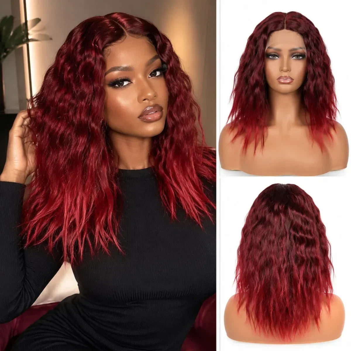 20 Inch Ombre Burgundy to Bright Red Short Water Wave Synthetic Lace Front Wig, Pre-plucked Baby Hair Curly Wig, Voluminous