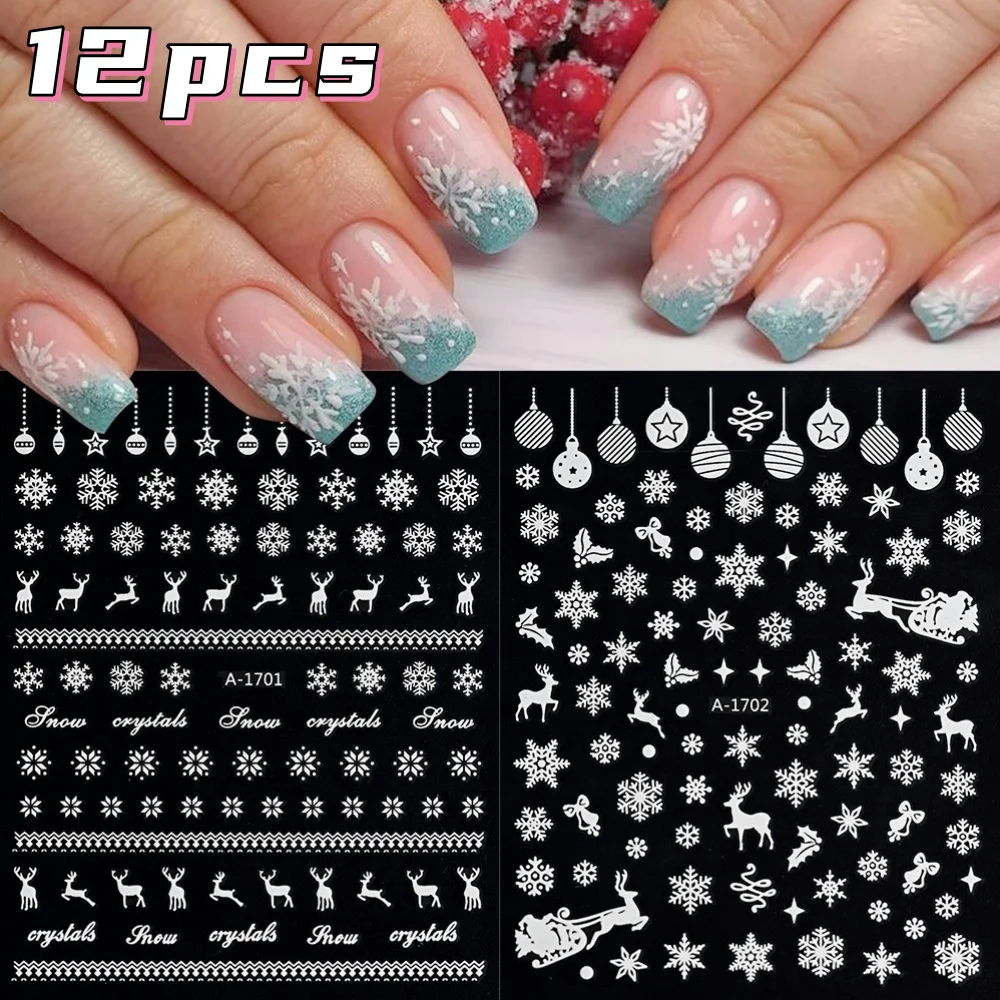 12Pcs 10*8cm 3D Snowflakes Nail Stickers 2025 New Year Winter Christmas White Snowflake Nail Art Decals DIY Manicure Decorations