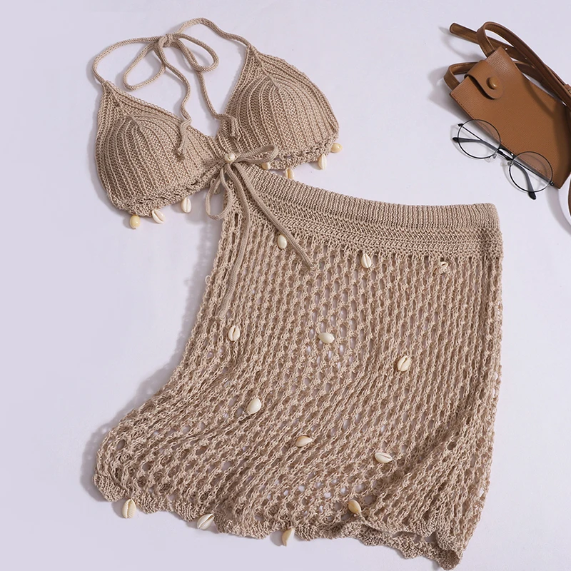 

Beach Holiday Style Halter Top + Skirt Women's Sense Hollowout Crochet Shell Tassel Camisole Mini Skirt 2-piece Set