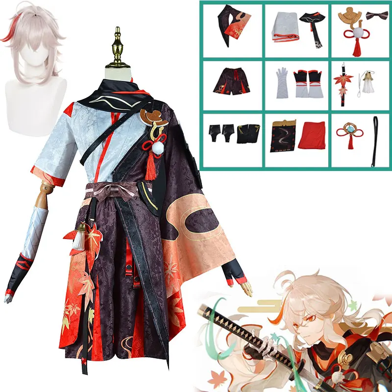 Genshin Impact Kaedehara Kazuha Cosplay Kostuum Halloween Carnaval Samurai Kostuum Pruik Rode Bril