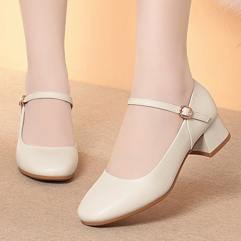 

4cm All Match Breathable Comfortable Shallow Soft Leather Mary Janes Women 2025 Fall Square Heels Shoes for Office Mom Work