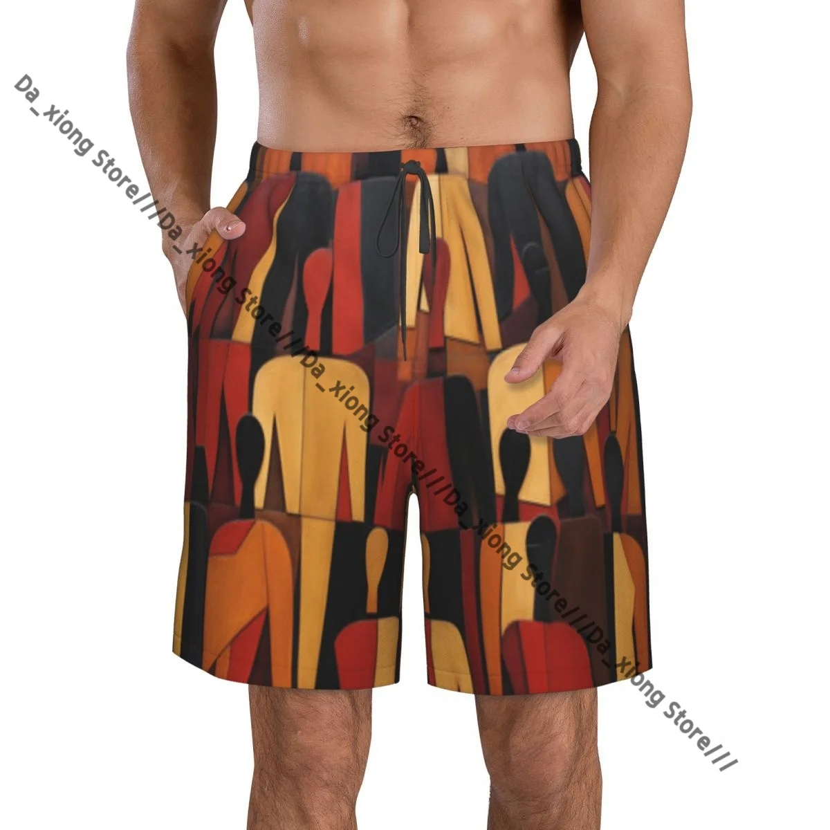 Mens Swimwear Swim Short Trunk Wooden Figures Of People Standing Image Beach Board Shorts Swimming Surffing shorts