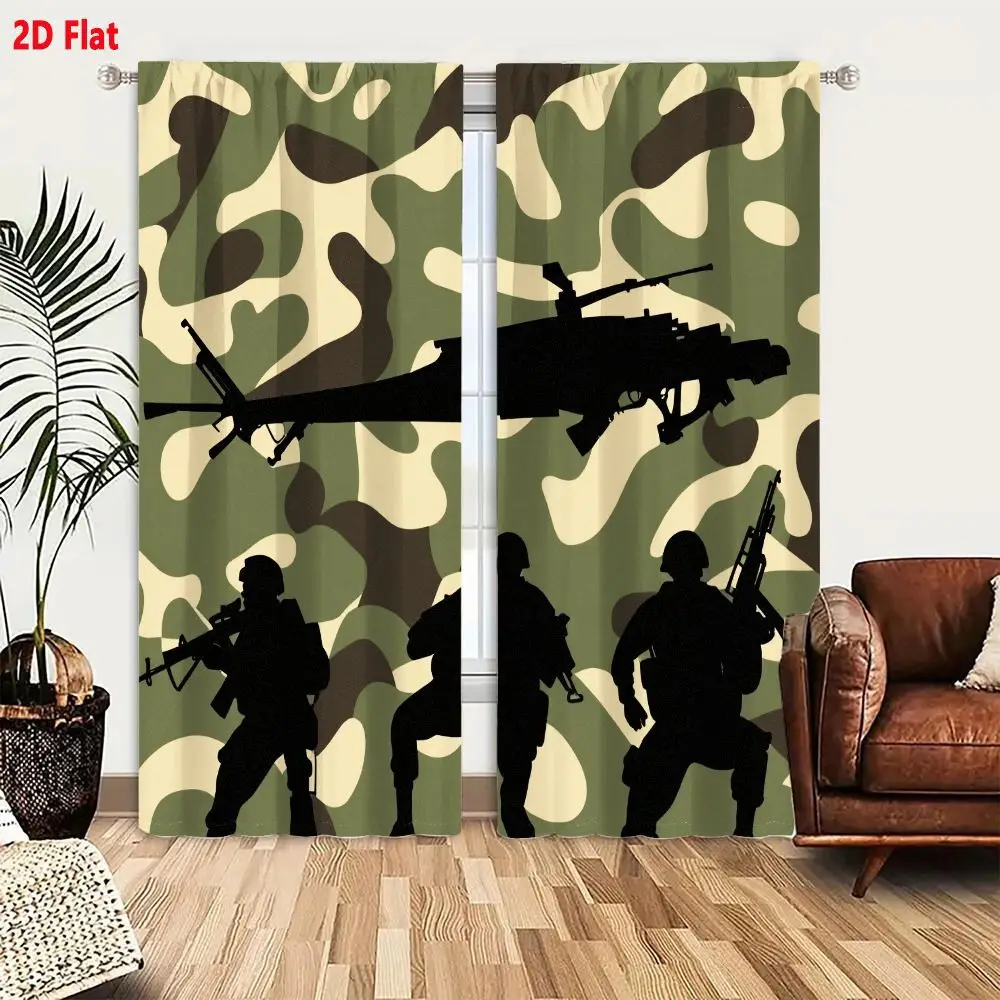 2Pcs Curtains 2D Flat Military Soldiers And Helicopter Silhouette On Camouflage Background Window Drapes for Bedroom Room Decor