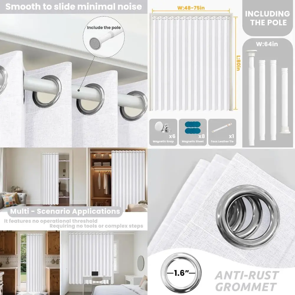 

White Magnetic Door Curtain for Patio and Accordion Doors, 75x80 Inches, Set with Rod Included