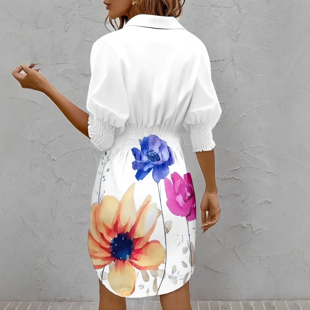 Abito a camicia con colletto rovesciato e stampa floreale da donna con pieghe pressate casual a maniche lunghe. Mini abito aderente con bottoni monopetto