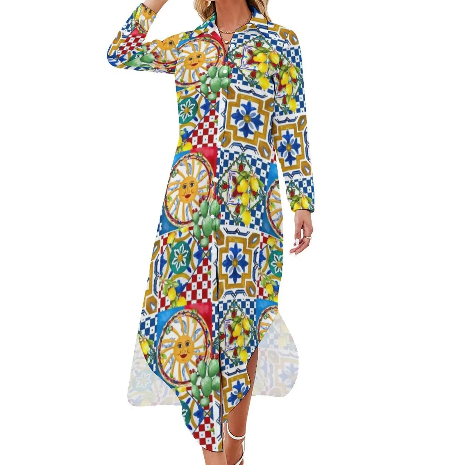 Sicilian tiles,mediterranean,mosaic,lemons, Long Sleeved Shirt Dress Female dress evening dresses ladies